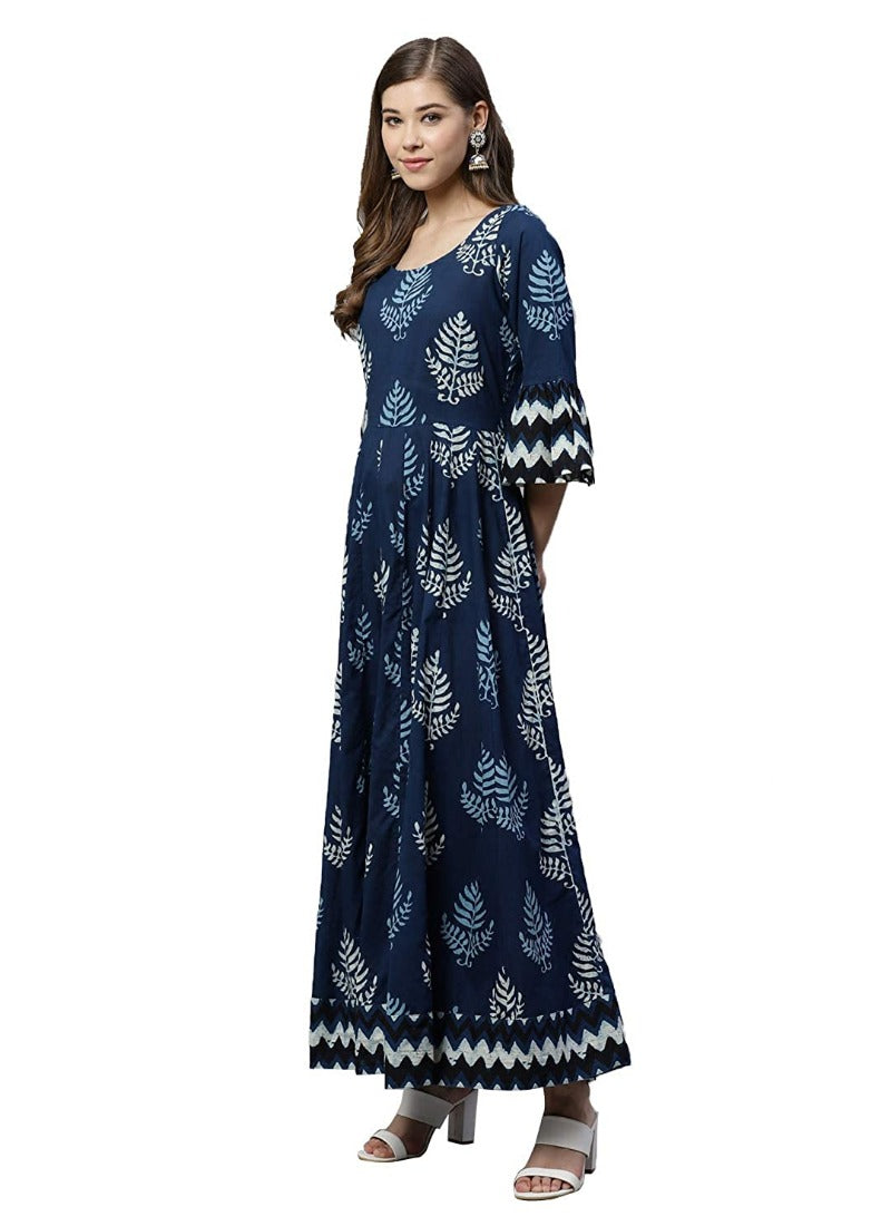 Blue cotton printed regular kurti for women, round neck, three-fourth sleeves
