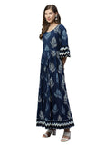 Blue cotton printed regular kurti for women, round neck, three-fourth sleeves