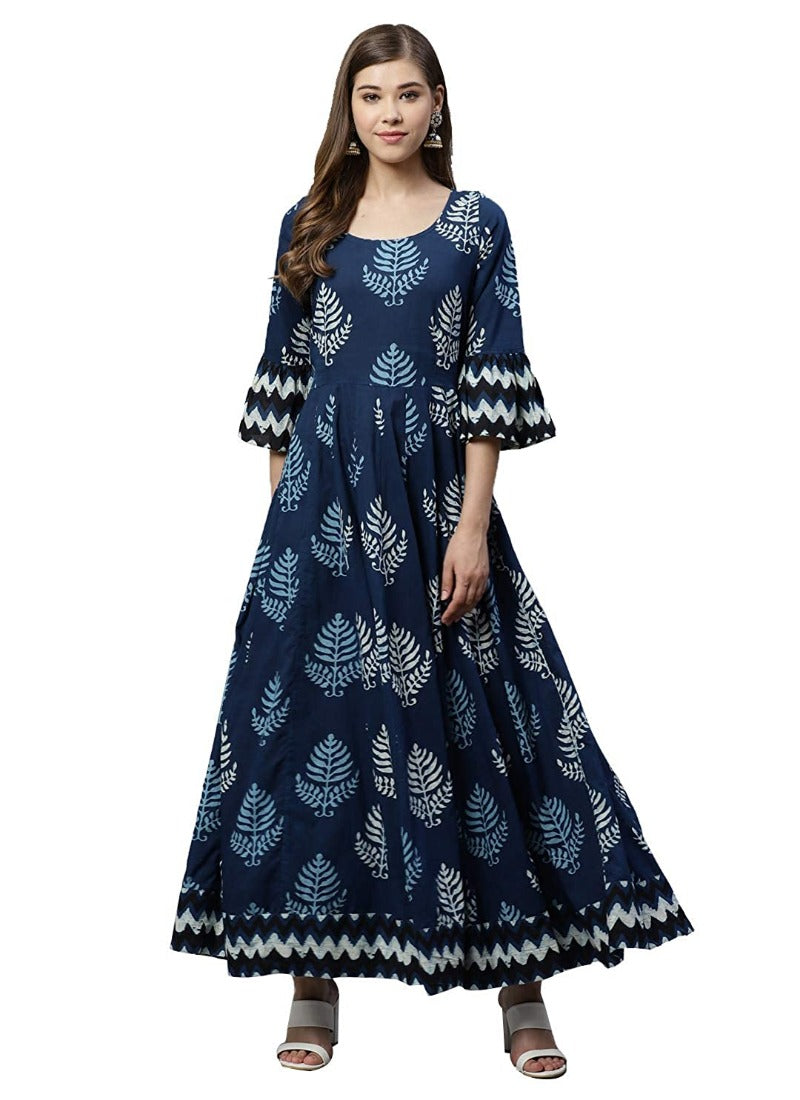Blue cotton printed regular kurti for women, round neck, three-quarter sleeves