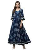 Blue cotton printed regular kurti for women, round neck, three-quarter sleeves