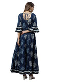 Blue cotton printed regular kurti for women, round neck, three fourth sleeves - size XXS 31-32