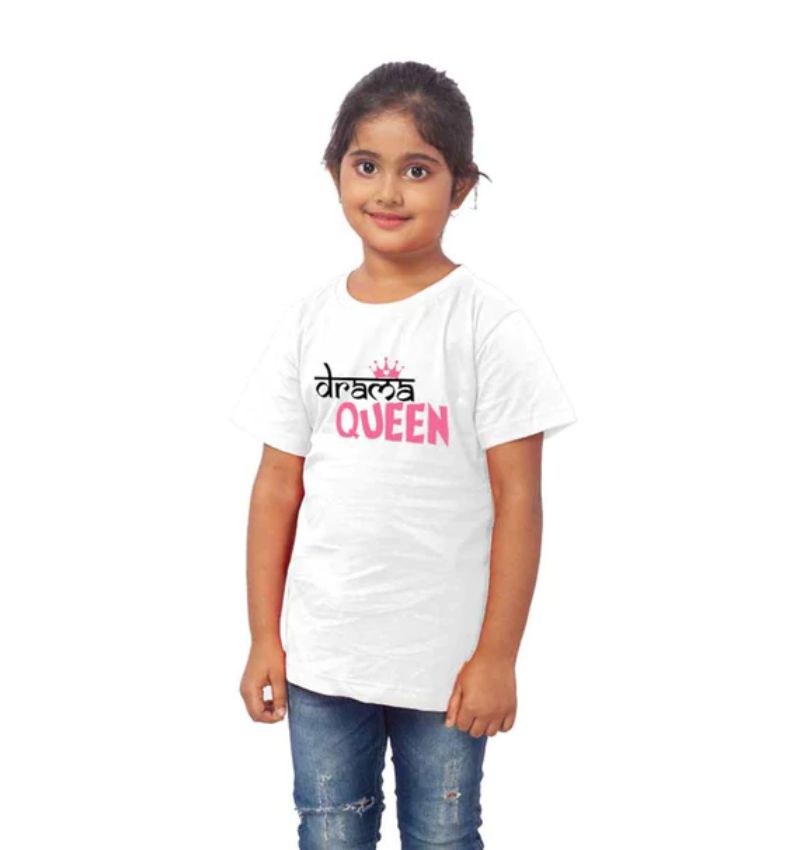 White cotton Drama Queen half-sleeve t-shirt for girls, classic round neck design