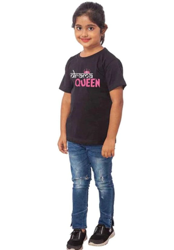 Black cotton Drama Queen half-sleeve t-shirt for girls, ideal for playtime