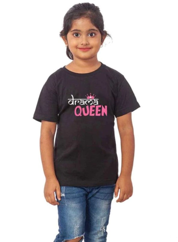 Black cotton girls' drama queen half sleeve t-shirt, stylish round neck top for kids fashion