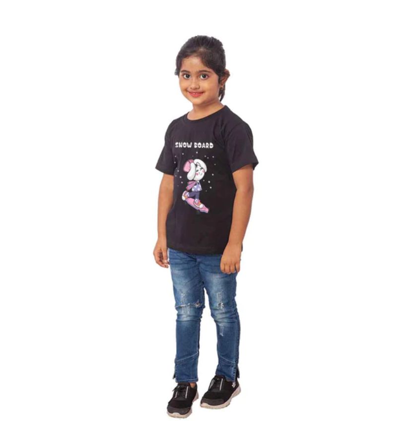 Girls cotton half-sleeve snowboard T-shirt black, perfect for winter sports