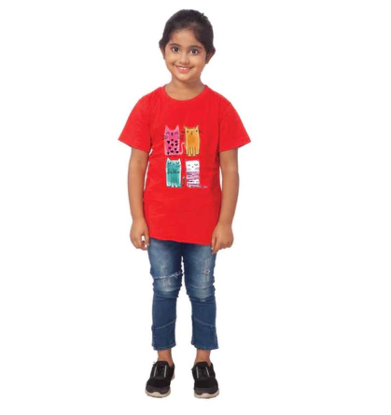 Girls cotton red half sleeve cat t-shirt, playful round neck design for young fashion