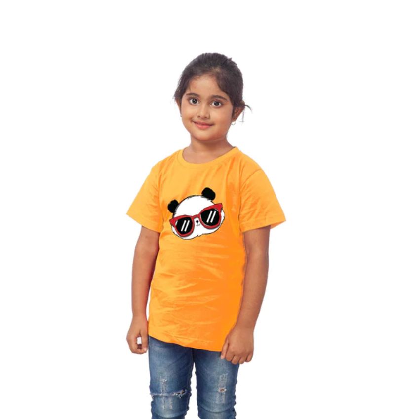 Girls cotton panda half-sleeve T-shirt (mustard) - vibrant yellow mustard color for girls clothing