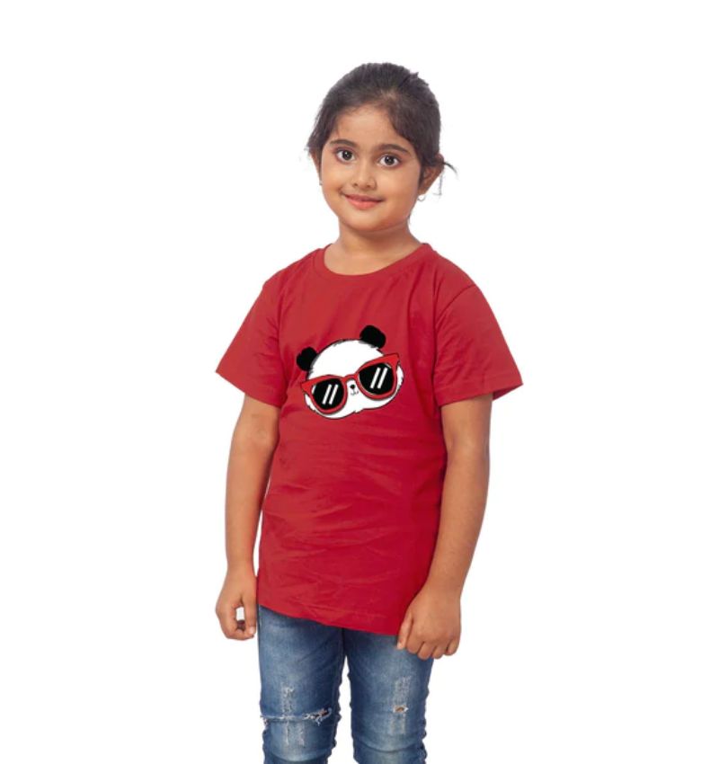 Maroon cotton girls' half sleeve panda T-shirt with round neck, casual clothing accessory