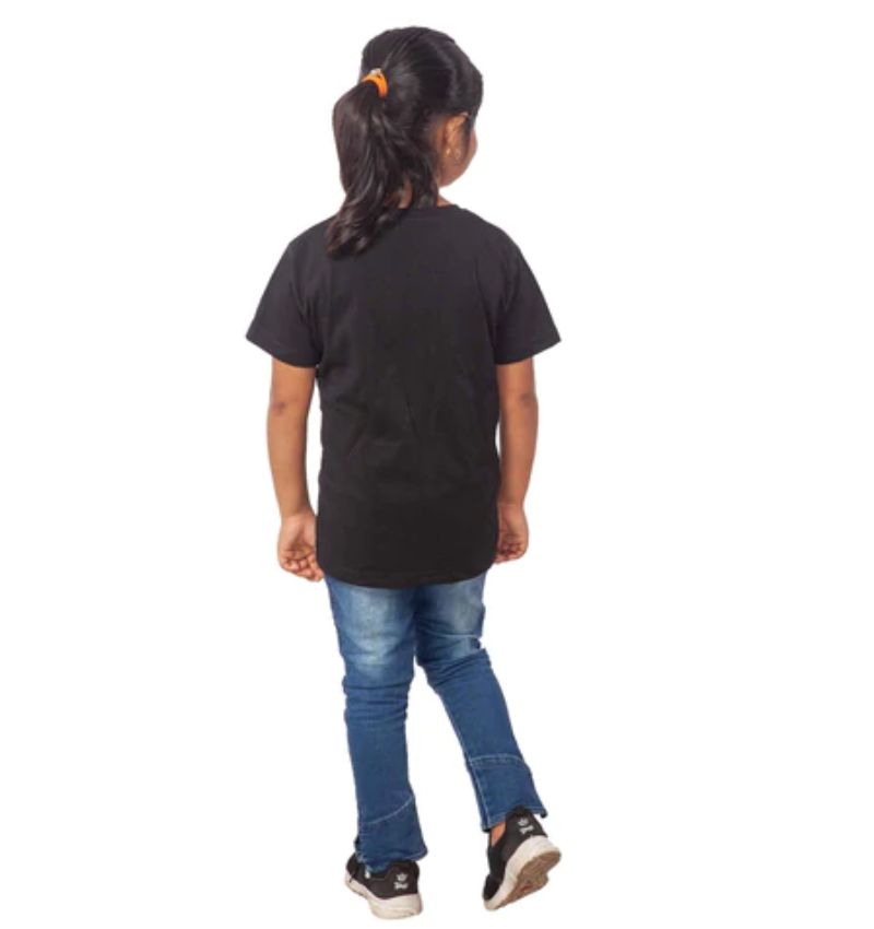 Black cotton half-sleeve girls unicorn tee, features round neck, vibrant unicorn face design