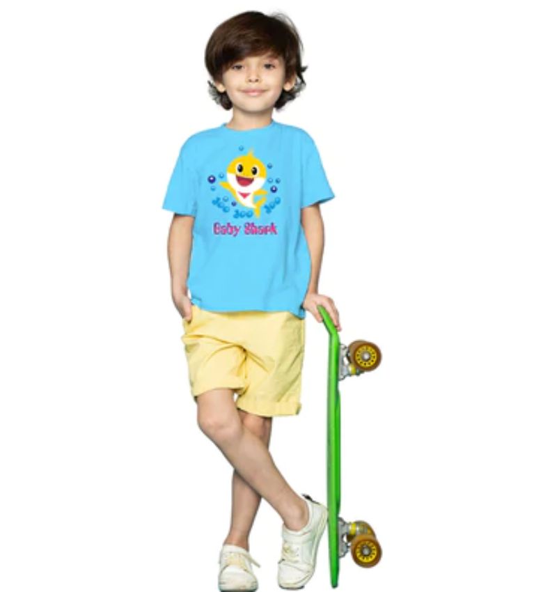 Boys blue cotton Baby Shark half sleeve T-shirt, fun children's apparel for casual wear