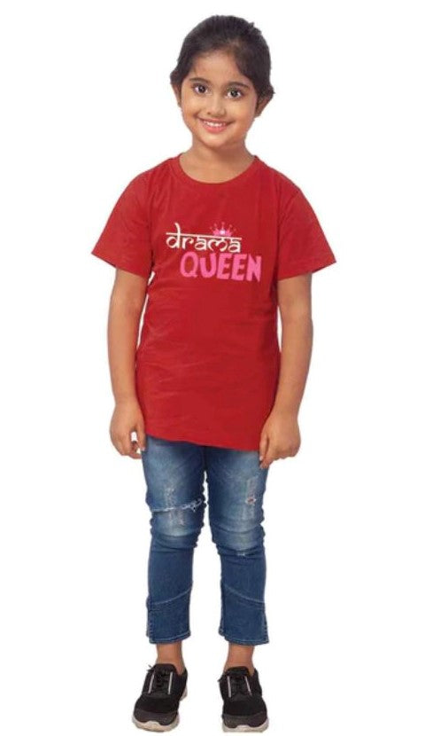 Girls maroon cotton half sleeve drama queen t-shirt, round neck for girls clothing fashion