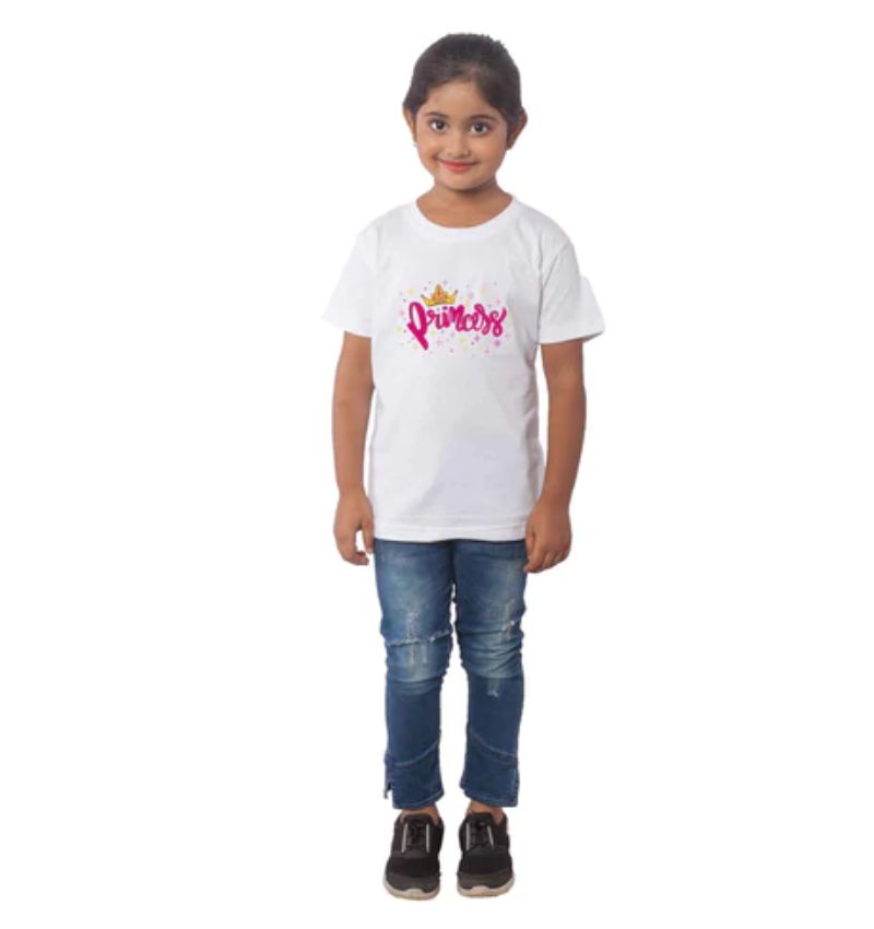 Girls cotton half-sleeve princess T-shirt (white) on white background