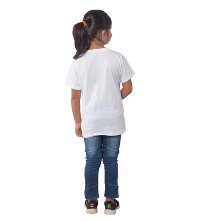 White cotton tribal half-sleeve t-shirt for girls, vibrant design on round neck