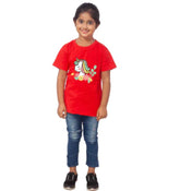 Red cotton girls half-sleeve unicorn face t-shirt with round neck, vibrant design