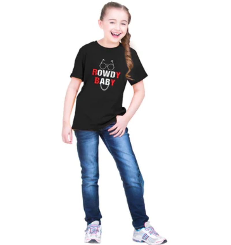 Girls cotton half sleeve black Rowdy baby T-shirt, round neck, suitable for girls' clothing