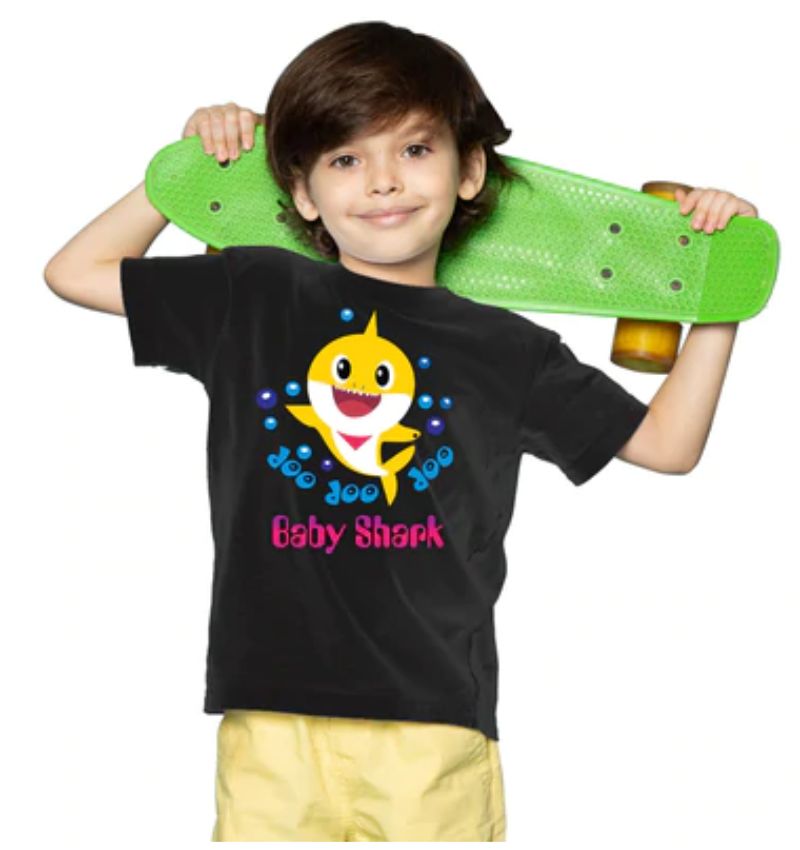 Boys cotton black baby shark half sleeve t-shirt, round neck design for boys' casual wear