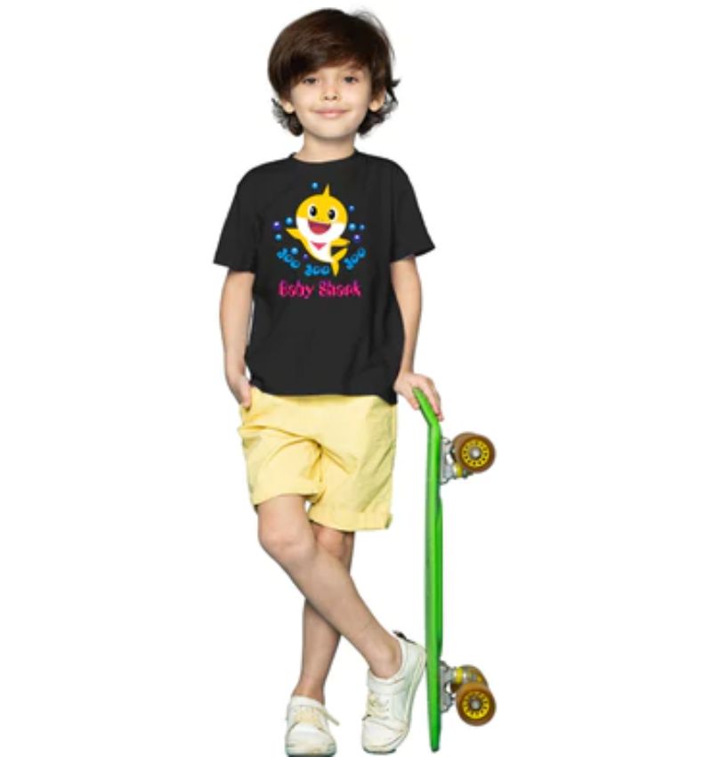 Boys cotton black half-sleeve baby shark t-shirt, perfect for casual playtime