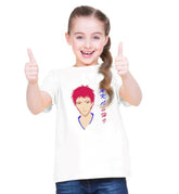 Girls cotton Akashi half sleeve white t-shirt, round neck, casual wear for girls on model