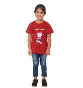 Maroon cotton half-sleeve snowboard t-shirt for girls on a snowy mountain