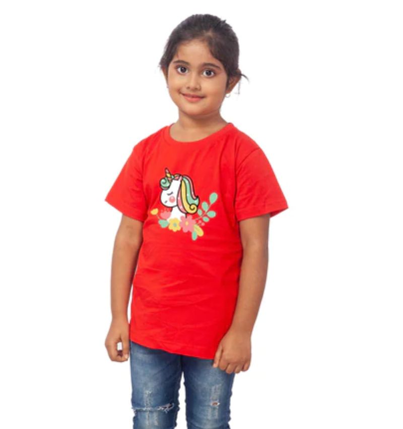 Red cotton girls half-sleeve unicorn face t-shirt, round neck design for casual playtime