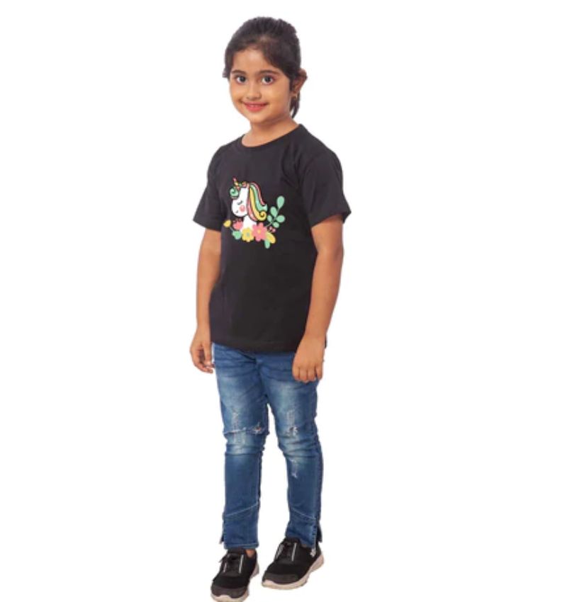 Black cotton girls half sleeve unicorn face t-shirt, cute and whimsical design for casual wear
