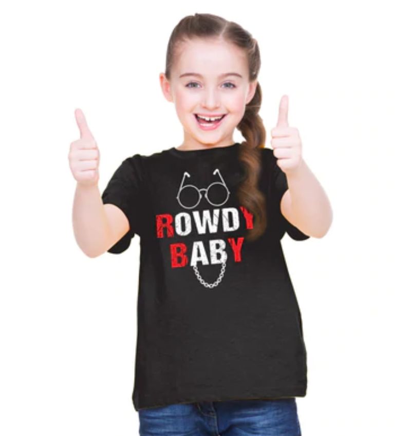 Girls cotton black half-sleeve Rowdy baby T-shirt, round neck design