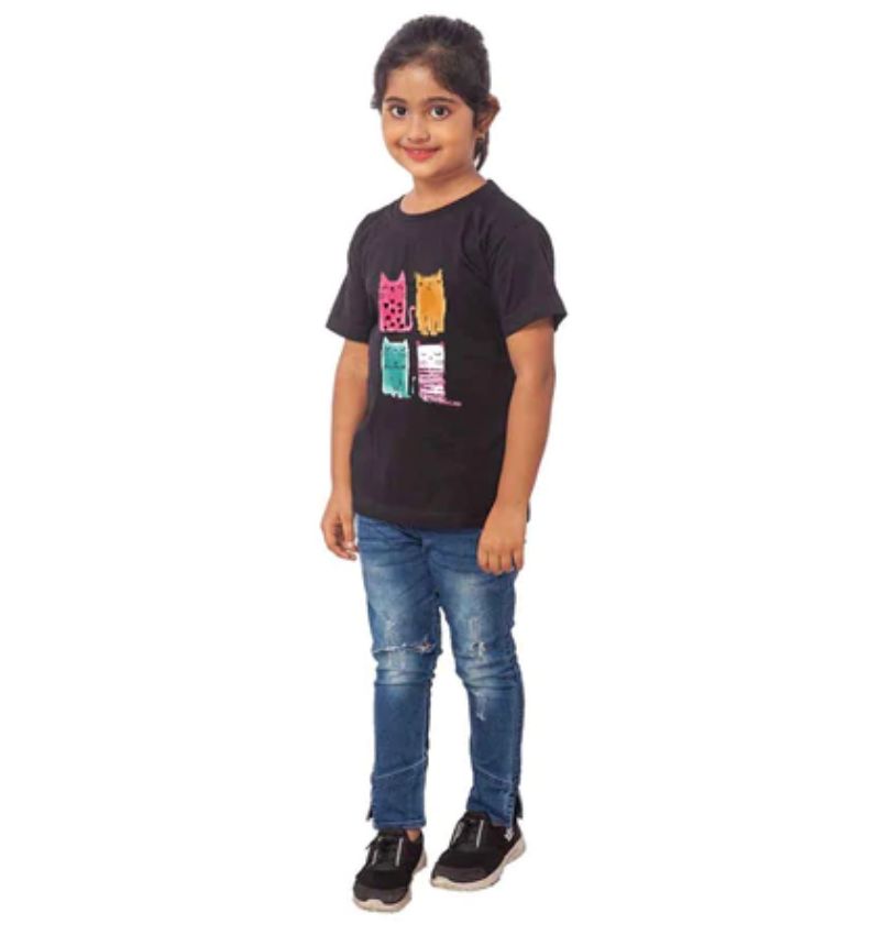 Girls black cotton half-sleeve cat t-shirt on model, round neck style for girls apparel