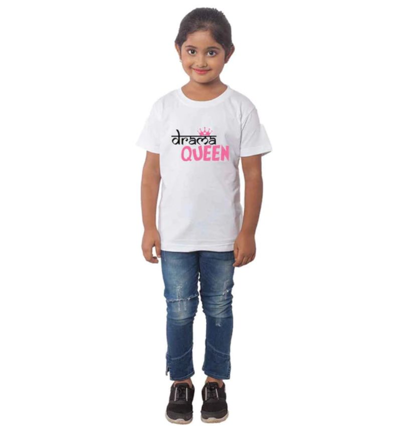 Girls cotton Drama Queen half sleeve t-shirt (white) - round neck, vibrant white on playful design