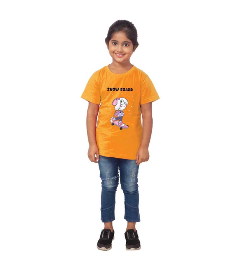 Mustard cotton girls snowboard half-sleeve T-shirt on model