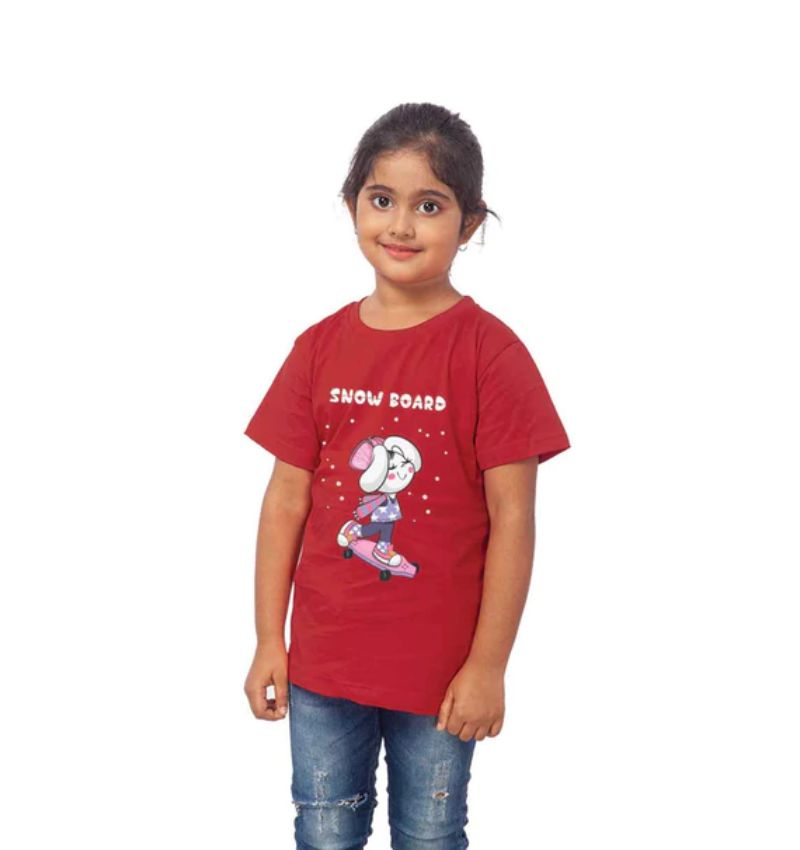 Maroon cotton half sleeve snowboard t-shirt for girls, perfect winter outfit accessory