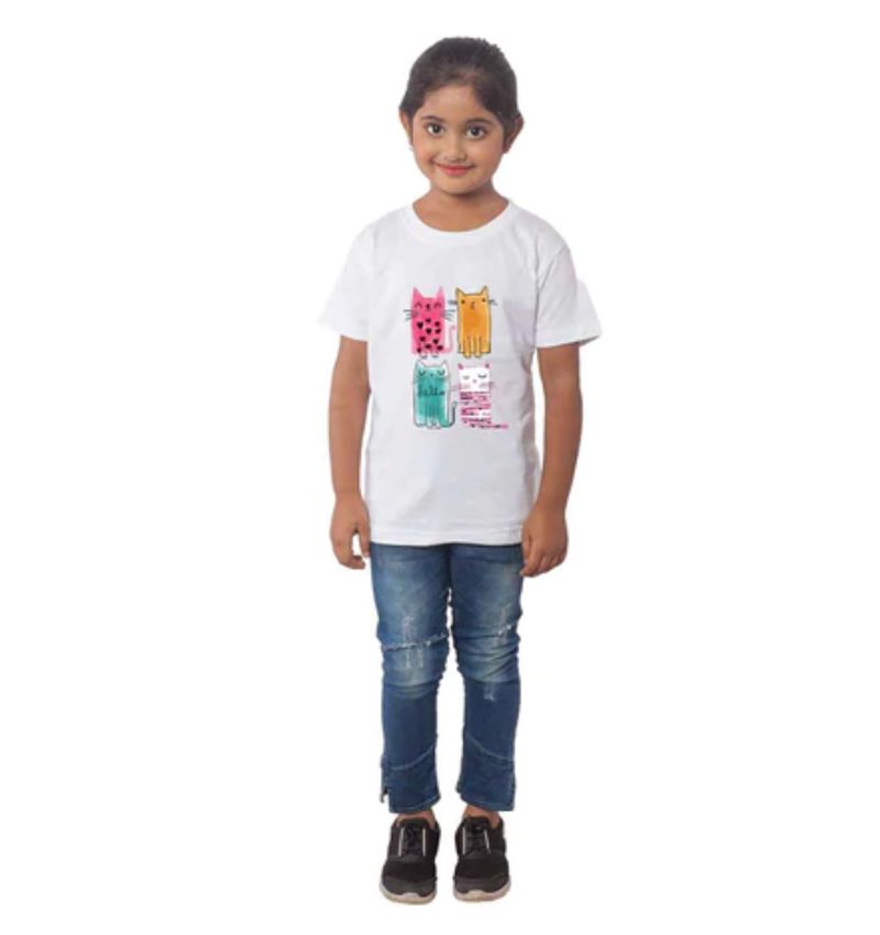 Girls cotton cat half sleeve t-shirt white, vibrant feline design on soft cotton fabric for casual wear