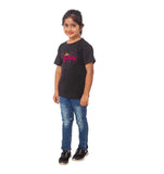 Black cotton girls' half-sleeve princess t-shirt on model, round neck design