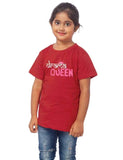 Girls cotton drama queen half sleeve maroon t-shirt, round neck, vibrant maroon color on model