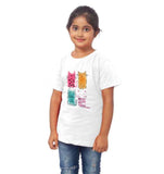 Girls cotton half sleeve white cat t-shirt, round neck design for girls wardrobe
