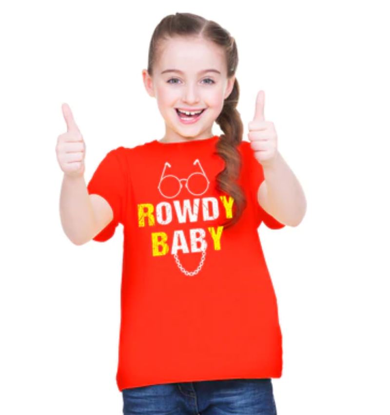Red cotton half-sleeve baby t-shirt for girls (Rowdy design)
