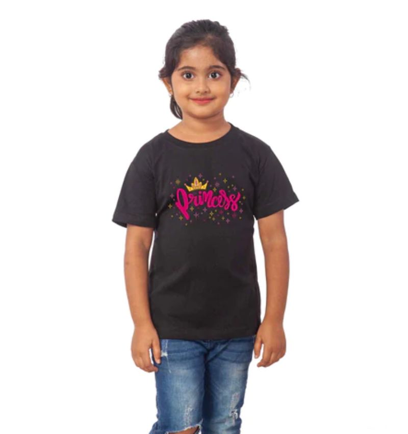 Black cotton girls half sleeve princess T-shirt, classic round neck design for casual wear