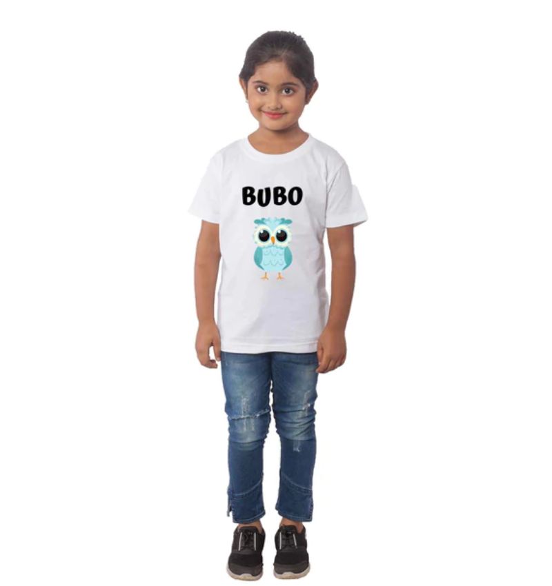 Girls cotton half sleeve Bubo T-shirt (white) - round neck, casual wear for girls