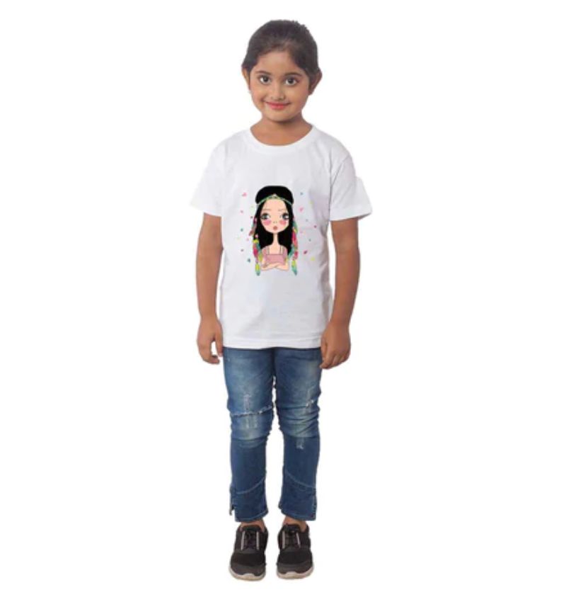 White cotton tribal half sleeve t-shirt for girls, vibrant design on a round neck