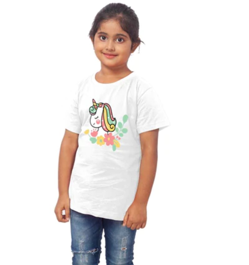 White cotton girls' half sleeve unicorn face t-shirt