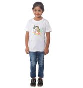 Girls cotton unicorn-faced half sleeve t-shirt (white) on model, playful design for girls' casual wear