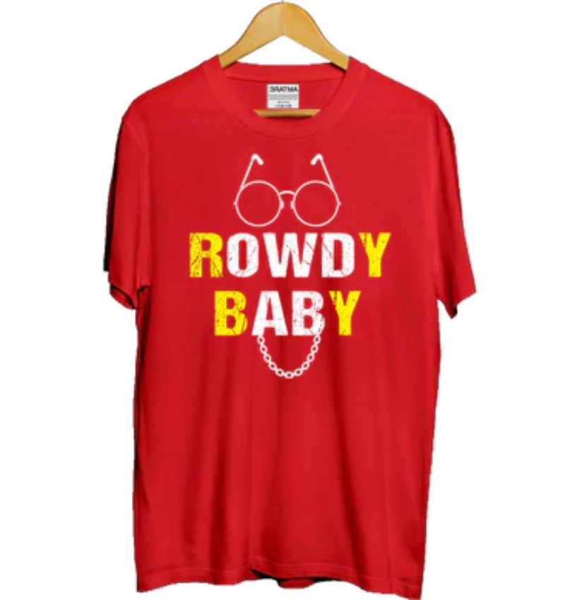 Red cotton girls half-sleeve Rowdy baby T-shirt on model