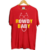 Red cotton girls half-sleeve Rowdy baby T-shirt on model