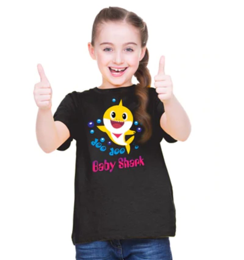 Girls cotton baby shark half sleeve t-shirt black, round neck, playful marine theme for children's clothing