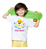 Boys cotton Baby Shark half sleeve T-shirt (white) on model, casual clothing for boys