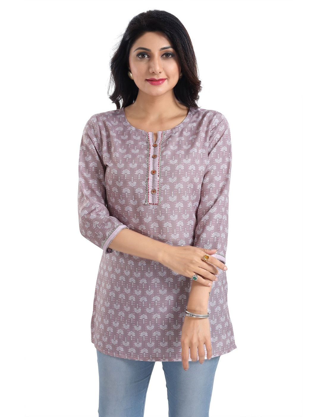 Women's 3/4 sleeve pink viscose blend tunic short top - Fashionable and comfortable apparel for ladies, close-up view