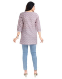 Women's 3/4 sleeve viscose blend tunic short top in pink - round neck, short length, vibrant color on display