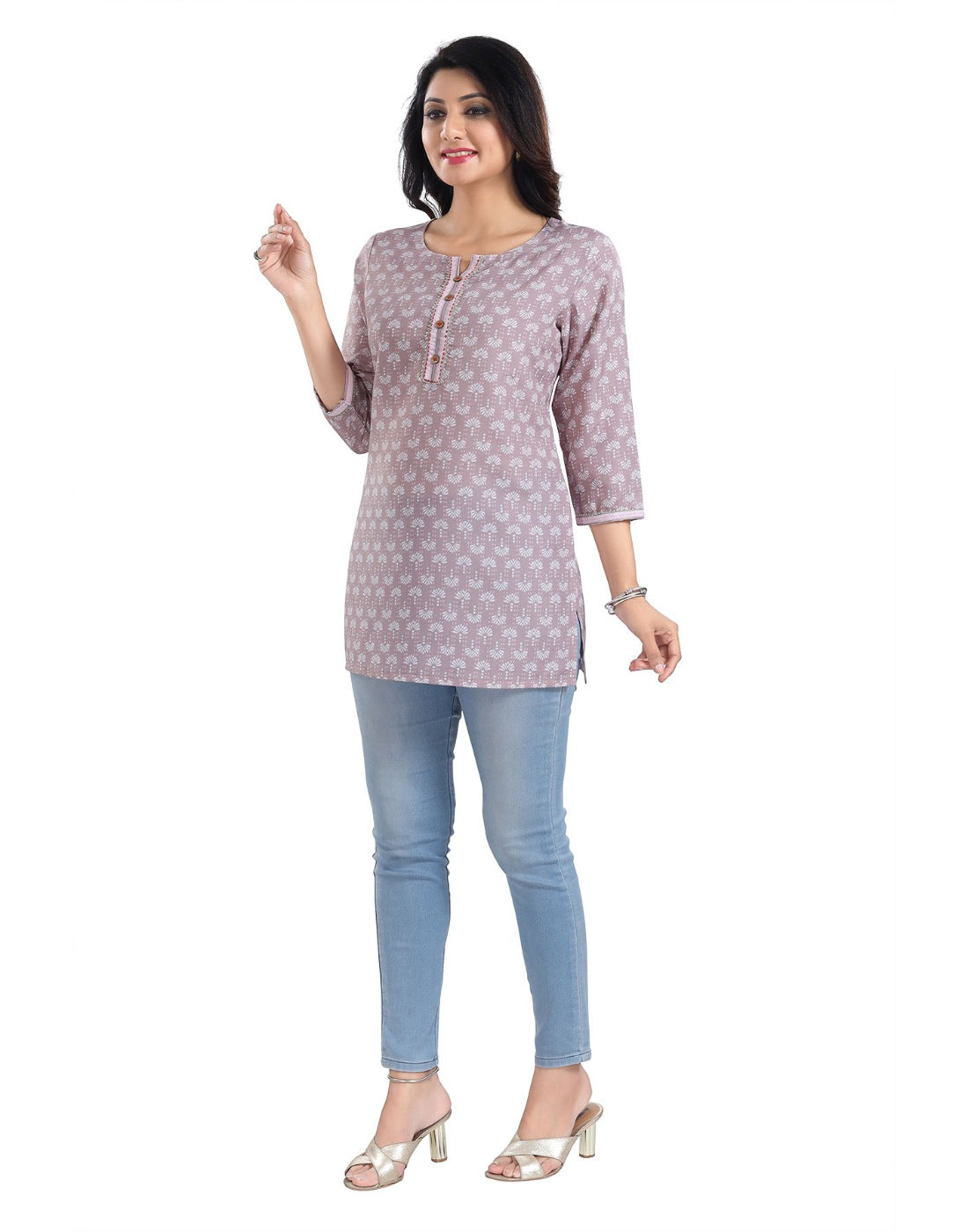 Pink viscose blend 3/4 sleeve tunic top, short length for women