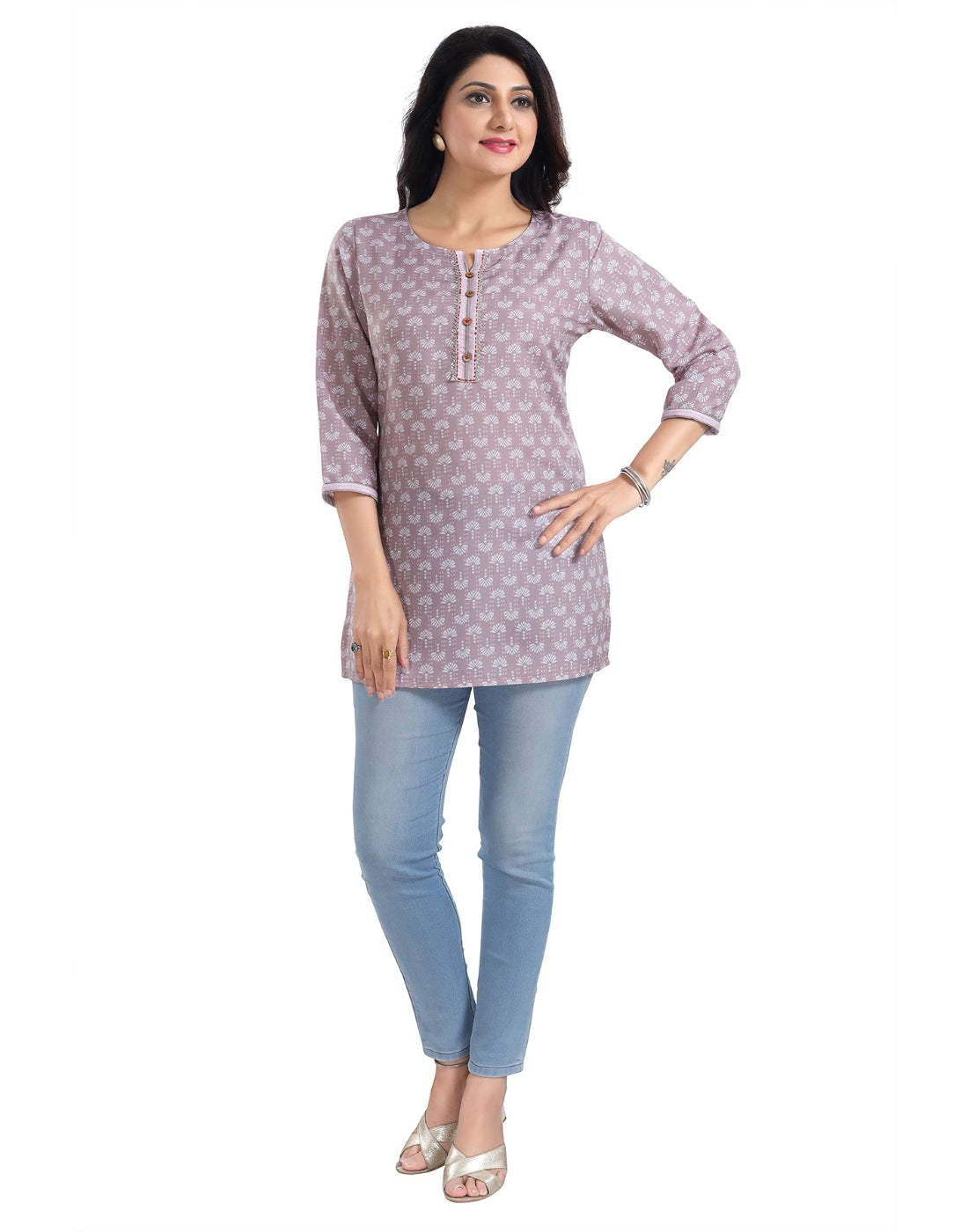 Pink viscose blend 3/4 sleeve tunic top for women, short length, round neck