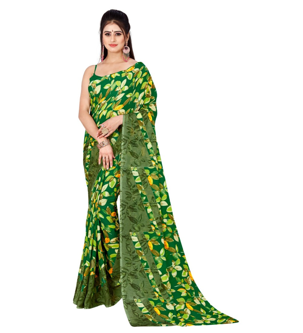 Green poly georgette printed saree without blouse for casual or festive wear, worn on body