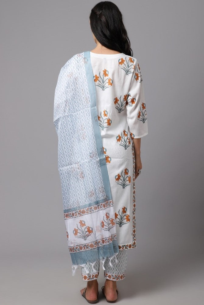 Light Blue cotton blend printed work kurti set with bottom and dupatta, 3/4th sleeve, knee length